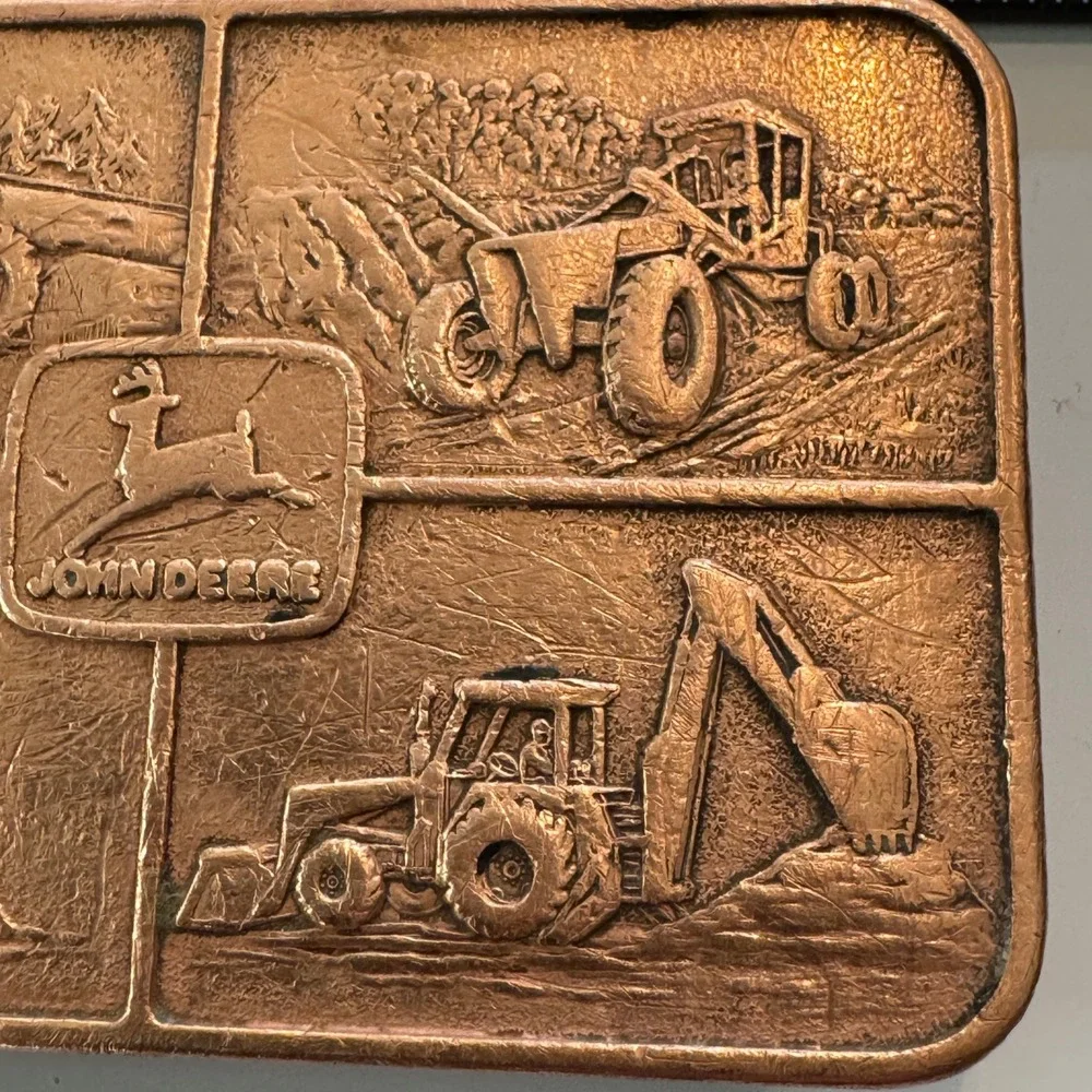 John Deere‎ Belt Buckle Vintage Copper Heavy Duty Farm Equipment Scenes